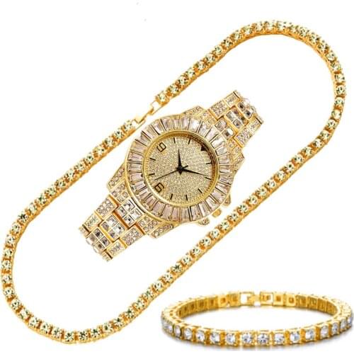 Iced Out Watches for Women Mens Necklace Bracelet Rhinestone Choker Bling Crystal Tennis Chain Jewelry Hip Hop Gold Watch Women