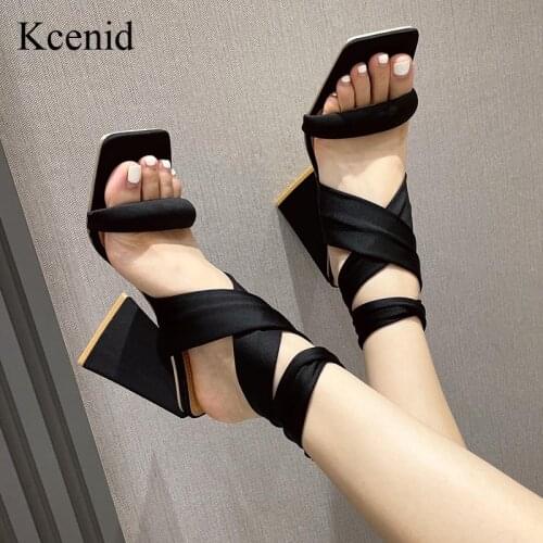 Kcenid Summer Gladiator Sandals Women New Fashion Cross-Tied Rome Shoes Womans Sexy Square Toe Strange Heel Party Pumps Black