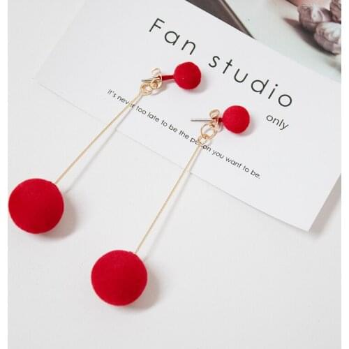 Earrings Fashion Red,Black Plush Ball Hanging Earrings Female Personality Round Long Earrings Own Gift Jewelry Statement Earring