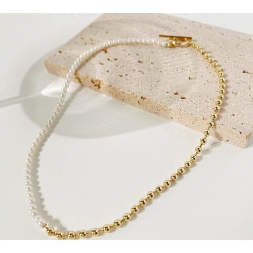 Monlansher Cute Copper Bead Imitation Pearl Spliced Necklace Gold Color Toggle Clasp Choker Elegant Trendy Necklaces Jewelry NEW