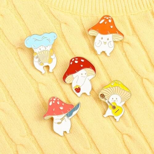 Cartoon Cute Mushroom Enamel Pin Custom Funny Guitar Accordion Brooches Bag Lapel Pin Badge Plant Jewelry Gift for Kids Friends