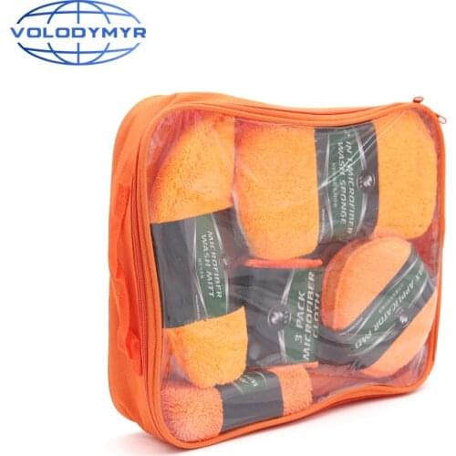 Car Cleaning Kit 9pcs Contains Wash Mitt Rim Brush 3pcs Wax Pad 3 Pcs Microfiber Towel Orange or Black with Plastic Bag Detail