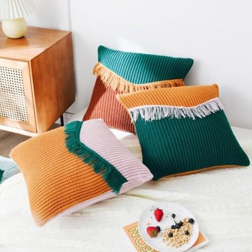 Nordic Modern Knitted Throw Pillow Case with Tassels Contrast Color Patchwork Crochet Cable Knit Square Cushion Cover