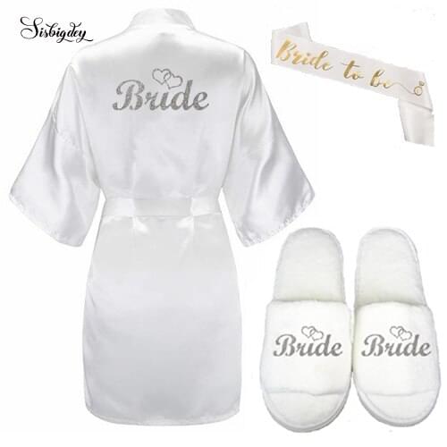 New 3pc set of glitter silver bride robe satin short robe women slippers bridal sash peignoir wedding Party 2019 kimono robes
