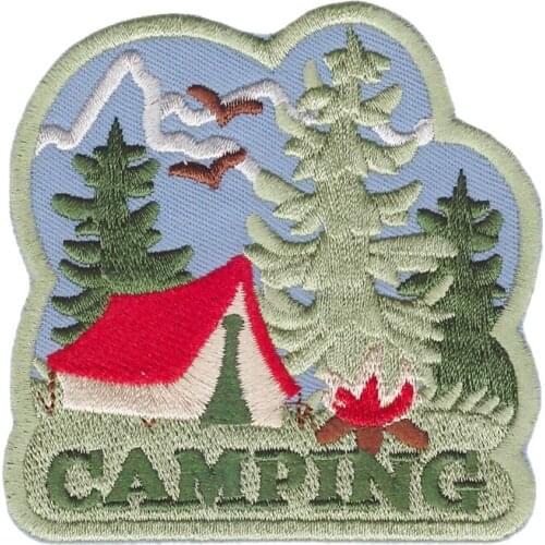 Holiday "CAMPING" IRON ON PATCH w/TENT TREES & BONFIRE TRIP VACATION OUTDOORS