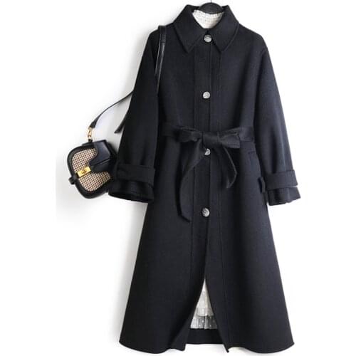 Spring 2020 new hand sewn double-sided wool coat womens medium and long baby collar single breasted woolen coat