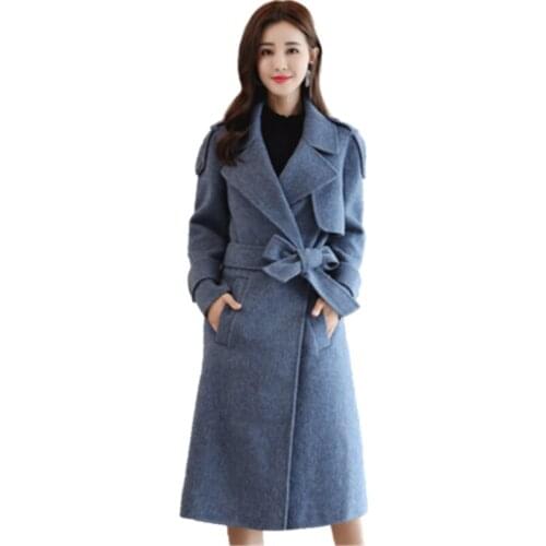 Winter Large Size female long section thick woolen coat Winter Women Woolen Overcoat Belt long lantern sleeves woolen coat D896