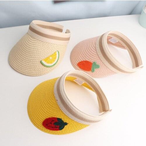 2021 New Spring And Summer Fruit Flower Embroidery Solid Color Empty Top Panama Straw Hat Parent-Child Cute Boy And Girl Hat