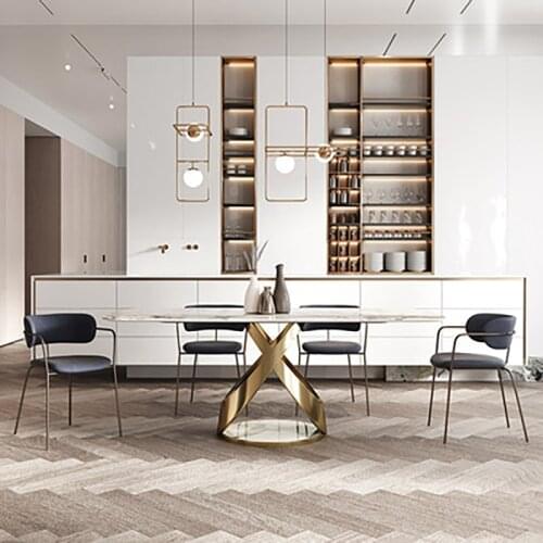 Light luxury marble dining table rectangular high-end stainless steel bright surface rock slab dining table home modern small