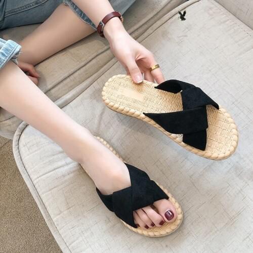 Summer sandals Women shoes Fashion Slides Slippers Ladies Cross Bandage Slipper For Women Linen Straw Slippers Non-slip Slide