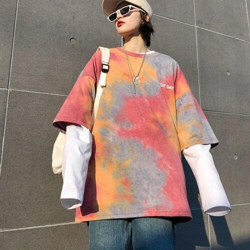 Harajuku Tie Dyeing Gradient Women Top Tees Short Sleeve Loose Lady Round Neck Women T-shirts 2 Colors