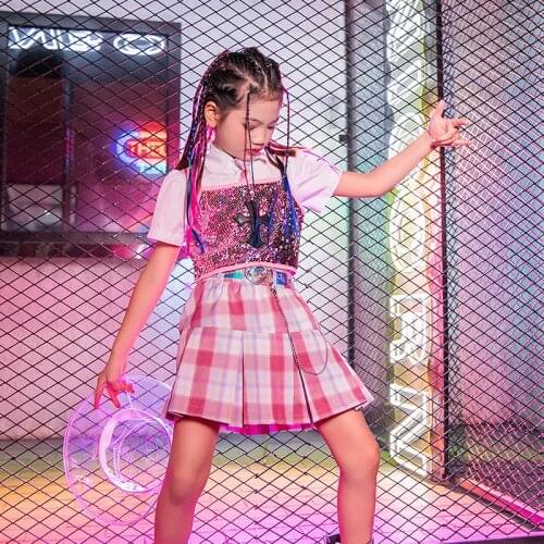 New Girls Jazz Dance Costume Kids Hip Hop Practice Clothes Children Street Dance Stage Performance Pink Sequin Costume DQL1622