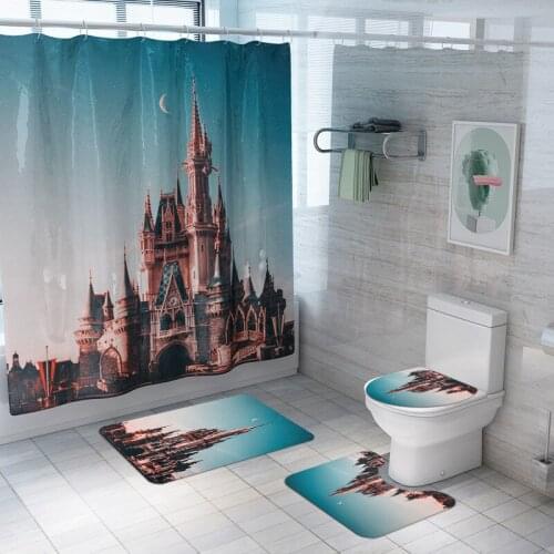 Vintage European Castle Printed Waterproof Fabric Polyester Bathroom Shower Curtain Rug Sets Toilet Cover Bath Mat Set 180*180cm
