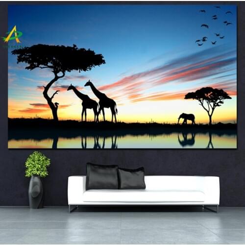 YWDECOR Giraffe African Elephant Lake Sunset Landscape Painting Print on Canvas Animal Wall Picture Cuadros Art for Living Room