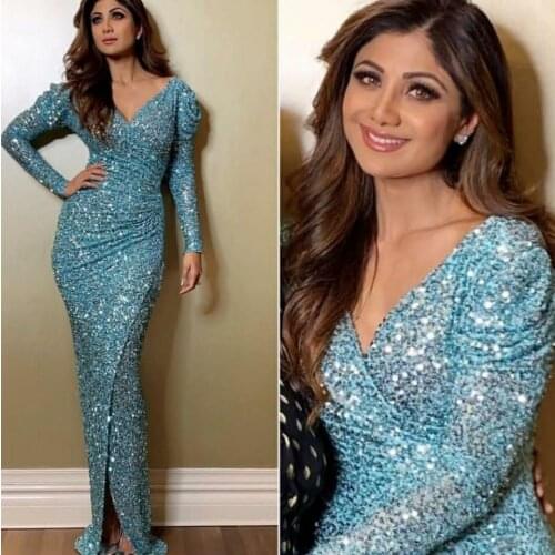 Womens Long Sleeve V-Neck Sequin Prom Dresses with Slit Mermaid Robe De Soiree Floor Length Sweep Train Formal Party Dresses