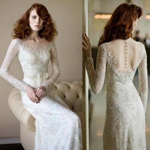 Free shipping חינה מרוקאית white long sleeve special occasion Elegant beaded backless lace bridal gowns Bespoke Wedding Dresses