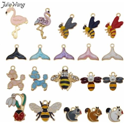 Julie Wang 10pcs Alloy Enamel Animal Charm Mix shape Dog Mermaid Tail Bees Necklace Bracelet Pendant Women DIY Accessory