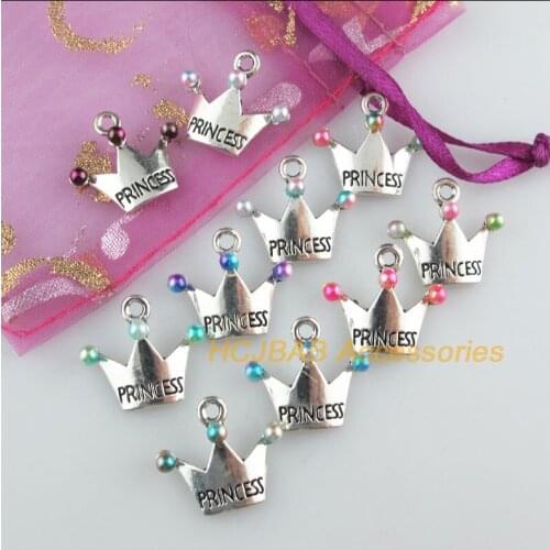 Fashion 10Pcs New Princess Crown Charms Mixed Acrylic Pendants Tibetan Silver Tone 16.5x19mm