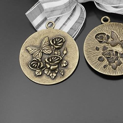 23513-G)5PCS 43MM Antique Bronze Zinc Alloy with Butterfly Flowers Round Pendants Jewelry Making Supplies Diy Accessories