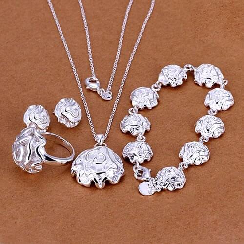 50 Sets Fashion Silver Jewelry Ring Set Rose Flower Stud Earrings Bracelet Necklace New