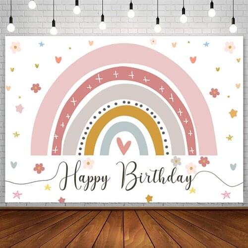 Bohemian Rainbow Backdrop Girl Happy Birthday Party Decor Pink Love Flowers Photography Background Photo Studio Props Photozone