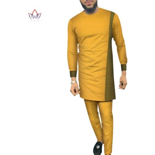 Bazin Riche Men 2 Pieces Pants Sets African Design Clothing African Clothes Casual Men Long Top Shirts and Pants Sets WYN684