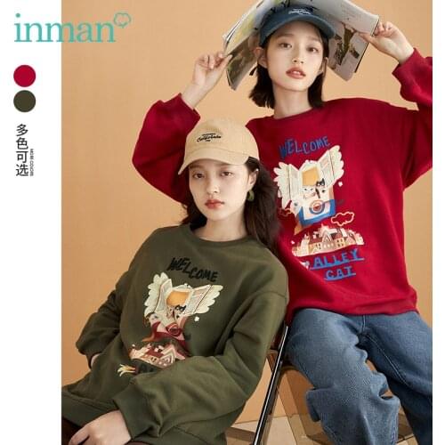INMAN Womens Sweatshirt Autumn Winter Round Collar Design Fashion Fun Pattern Loose Dropped Shoulder Casual Top