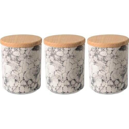 Isosceles 3'lü Big size With Bamboo Lid Ceramic Jar Set/spice Cream Çakıltaşı