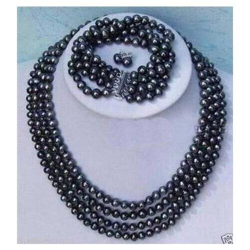Beautiful NEW Noblest 4rows 7-8mm black pearl necklace bracelet earring sets