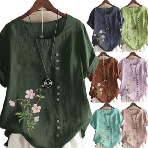 Summer Casual Daisy Print Loose T-shirts Vintage Cotton and linen O-Neck Plus Size Short Sleeve Blouse Tops For Women S-5XL