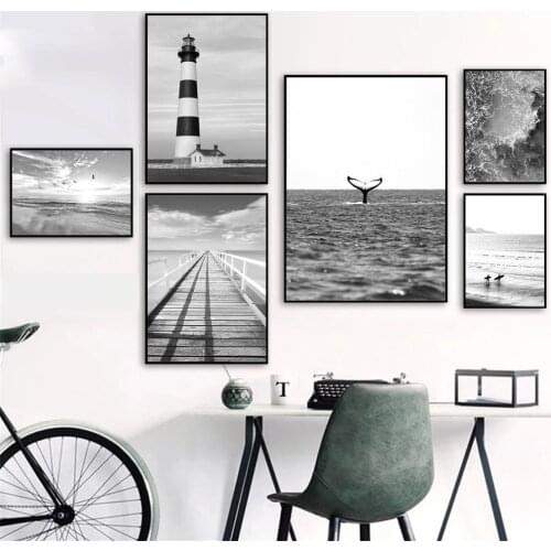 Nordic Sea Beach Whale Lighthouse Wall Art Poster Landscape Art Print Black White Canvas Painting Modern Pictures Home Decor