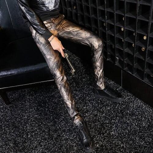 2021 new fashion skinny gold feather printed leather pants men casual slim fit washing leather pants men feet pants,28-34