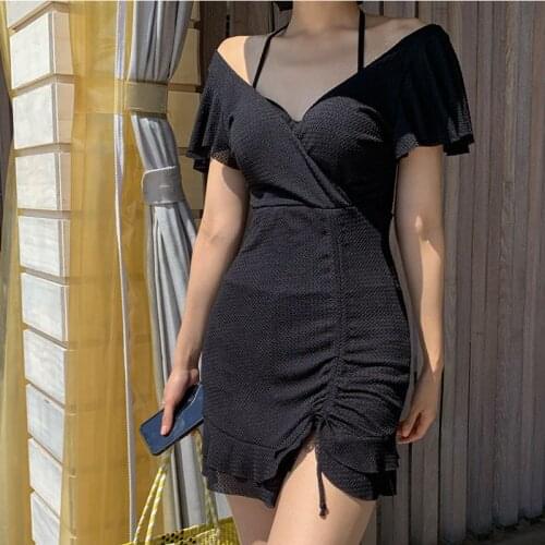 2021 New Korean Style Sexy Halter One Piece Swimsuit Woman Solid Swimwear Monokini Beach Bathing Suit Beachwear Swimskirt