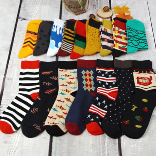 New Geometric Stripes Plaid Cartoon Fish Fruit Colorful Happy Man Socks Cotton Male Funny Hip-hop Skateboard Socks Autumn Winter