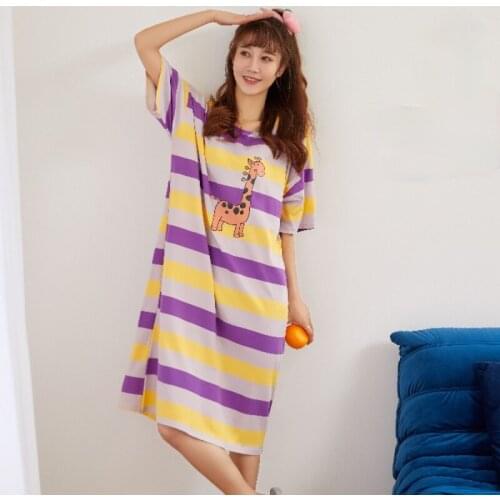 2021Summer New Womens Nightdress Short-sleeved Striped Cute Loose Home Service Sexy Nightwear Sleepwear Women Sleep Tops