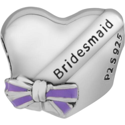 Mothers Day Gifts Best Bridesmaids Transparent Purple Enamel Fits for Original Charms Bracelets 925 Sterling Silver