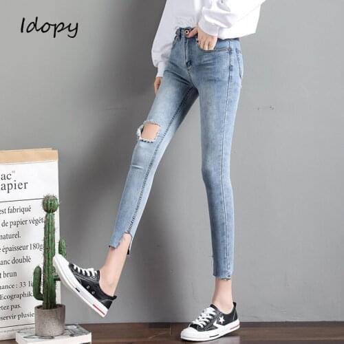Idopy Spring 2019 Casual Womens Ripped Jeans Female Skinny Fit Denim Streetwear Pants Blue Hip Hop Pencil jeans For Women