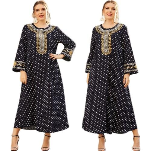 Plus Size Muslim Women Long Dress Embroidery Maxi Robe Abaya Polka Dot Vestido Kaftan Ethnic Vintage Arab Islamic Ramadan Spring