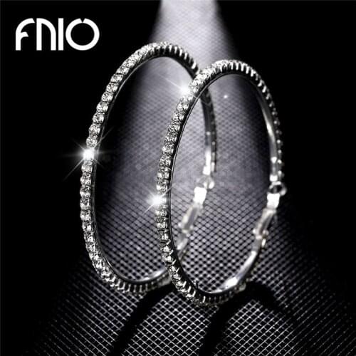 FNIO 2020 Super Crystal Big Circles Hoop Earrings For Women Rhinestone Silver Color Circle Loop Earrings Simple Fashion Ear Ring