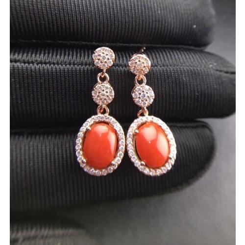 Fashion Lovely Lovable simple round natural red coral drop earrings Natural gemstone earrings 925 silver girl party gift jewelry