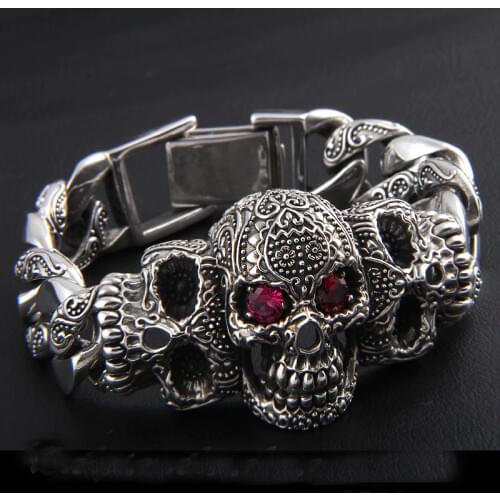Solid 925 sterling Silver 130g huge heavy mens skull link biker bangle bracelet 23cm A2036
