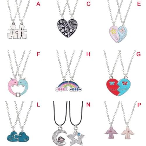 Hot Pink Blue Sequin Stitching Heart Broken Best Friends Necklace Pendant Chain BFF Friendship Jewelry Gifts For Kids 2PCS/Set