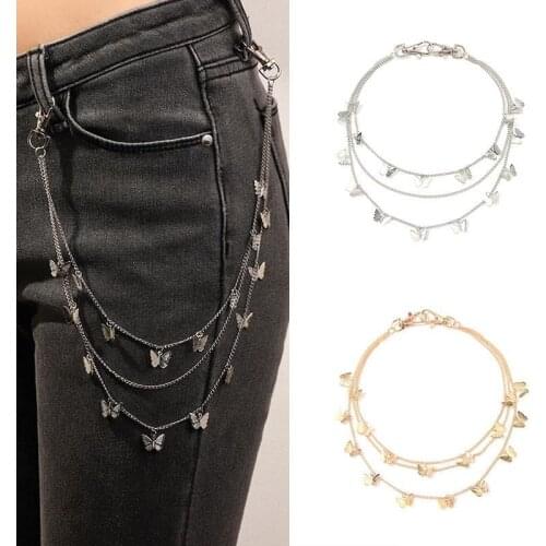 Punk Street Butterfly Belt Waist Chain Male Women Pants Chain Multi Layer HipHop Hook Trousers Jeans Keychain Pendant Jewelry @A