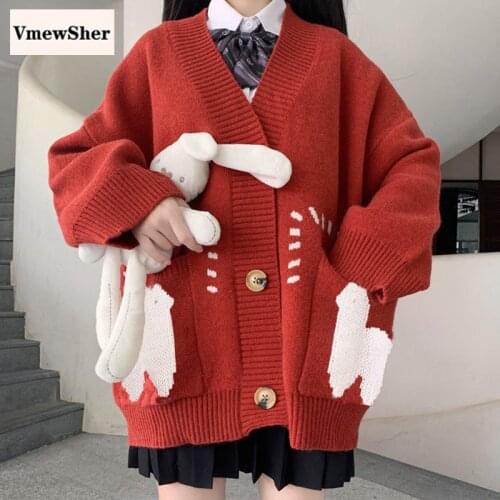 VmewSher New Autumn Spring Women Sweater Cardigan Cute Sheep Pattern Long Sleeve Female Knitted Coat Loose Single Breasted Tops