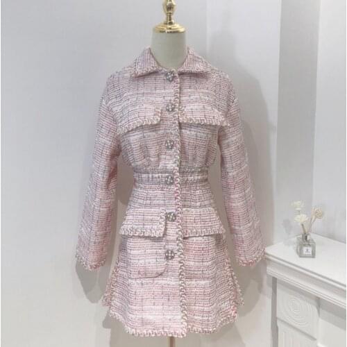 Brand Designer Women Tweed Dress Single Breasted 2020 Office Ladies Elastic Waist Twill Dress Elegant Pink Party Mini Dresses