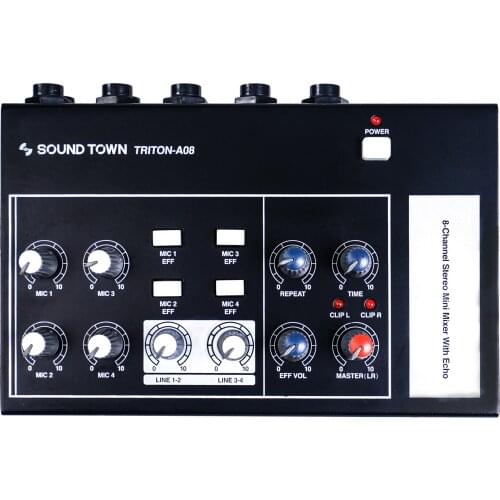 Sound Town 8-Channel Stereo Microphone Mixer with 1/4” Inputs and Outputs, Echo Effect, Delay Time and Depth Controls