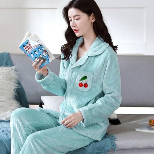 2020 Pyjama Women Flannel Pajamas Set Winter Long Sleeve Thicken Print Cute Sleepwear Girls Pijamas Mujer Leisure Student Pajama