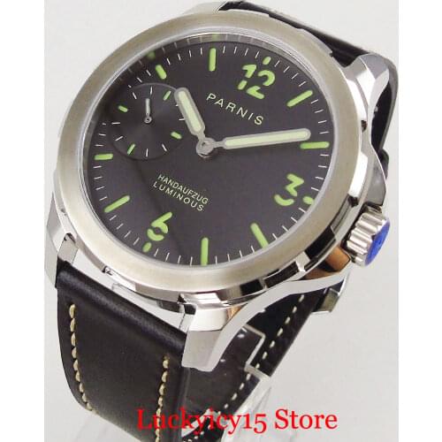 PARNIS Classic 44 Round Hand Winding Men Watch 6497 Movement Mechanical Wristwatch Luminous Green Marks Leather Strap