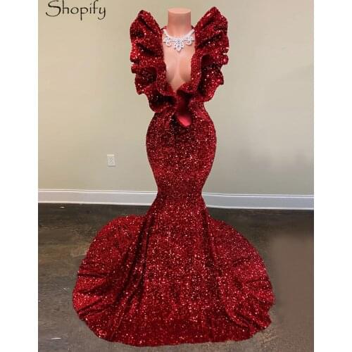 Long Sparkly Prom Dresses 2021 Sexy Mermaid Sleeveless Burgundy Sequin African Black Girls Ruffles Prom Dress