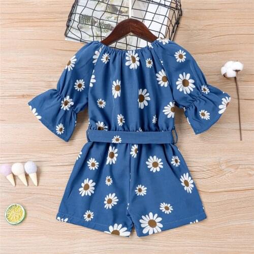 FOCUSNORM 2-7Y Summer Lovely Kids Girls Jumpsuits Sunflowers Print Short Sleeve Belt Casual Rompers